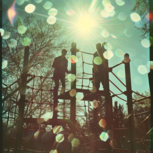 Decorative photograph of two people are silhouetted on a jungle gym made of platforms and rope nets against a bright sun, with lens flare and bokeh effects dotting the image. 